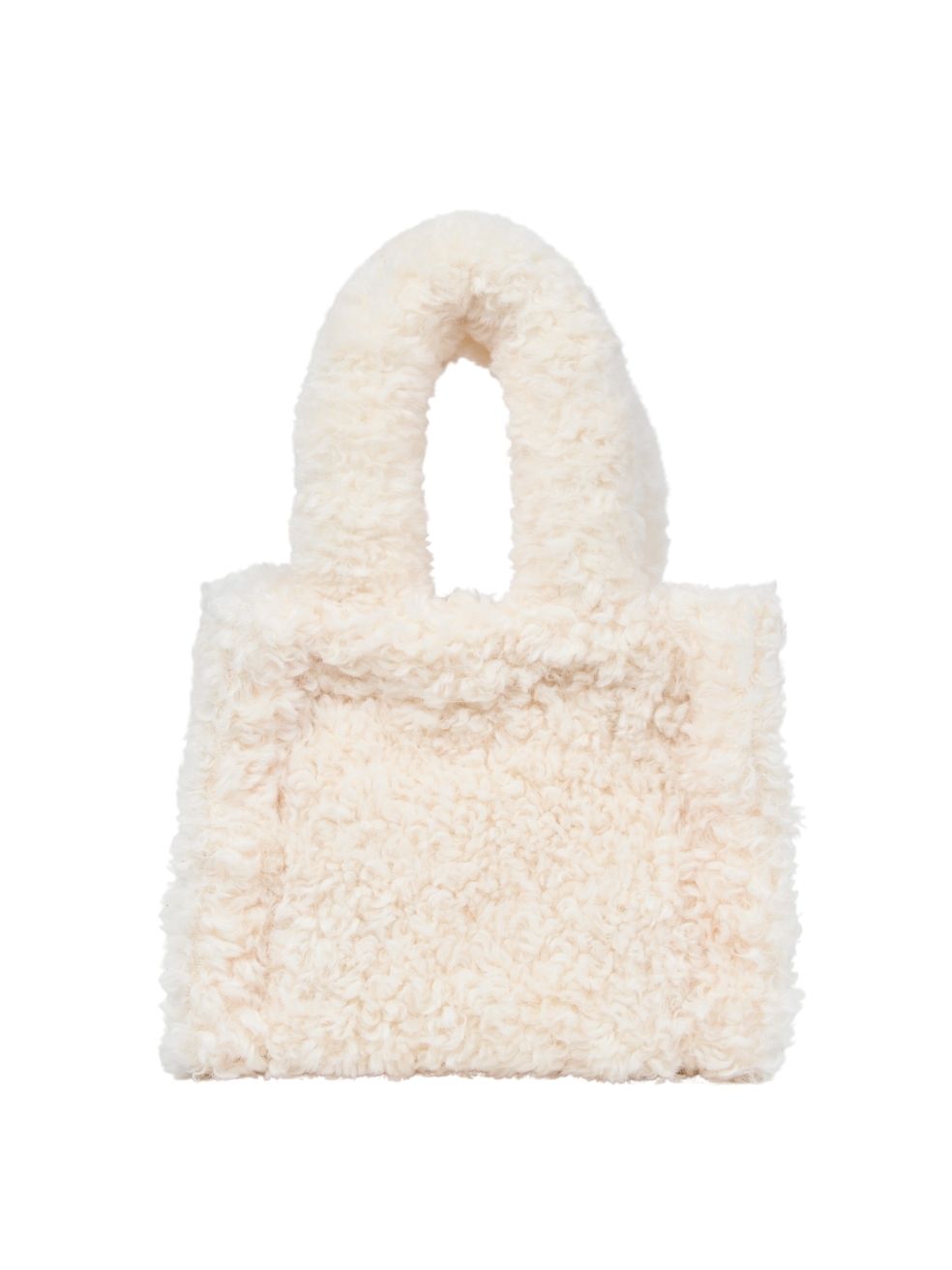 Mini Tote in Curly Cream — front view of compact faux curly textured tote in soft cream shade with sturdy handles and clean lines.