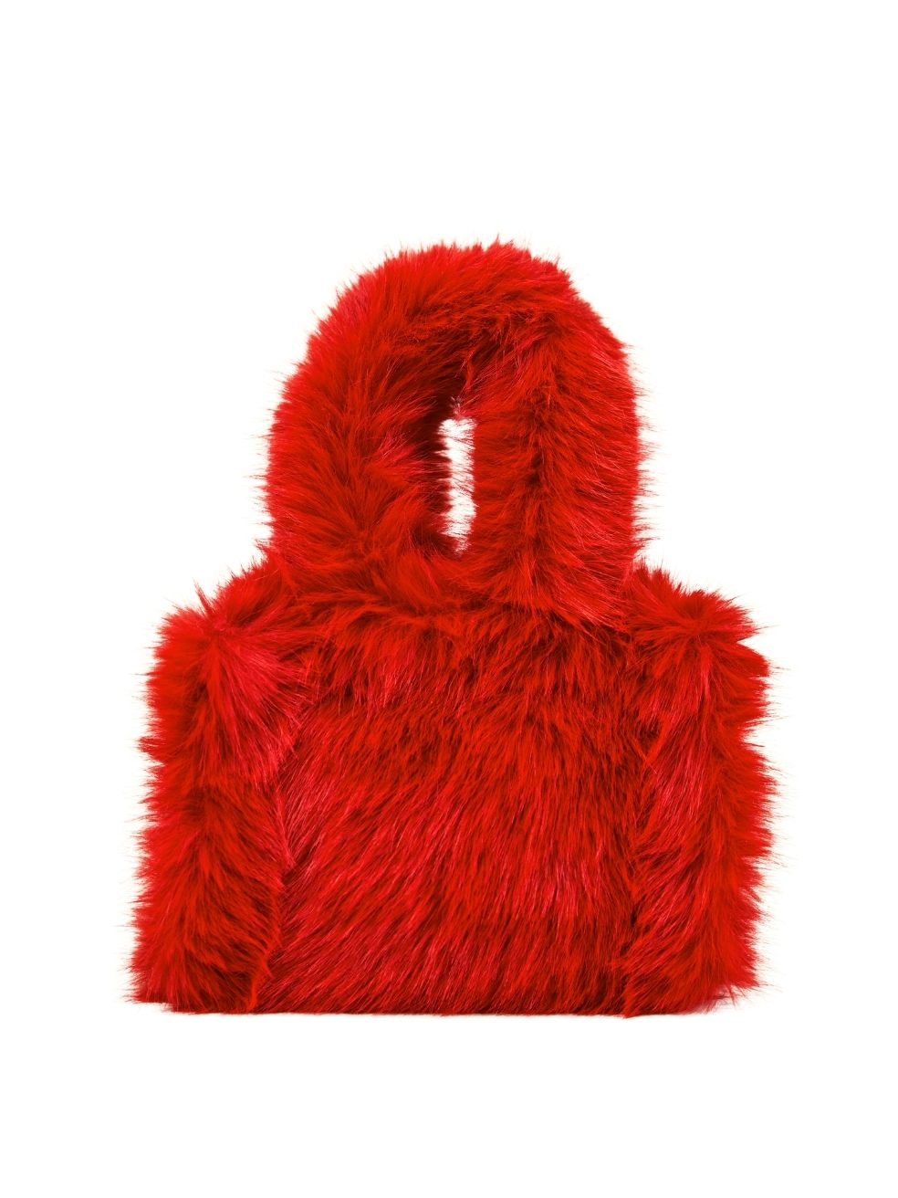 Mini Tote in Red — front view of compact faux fur tote in vibrant red with clean lines and sturdy handles.