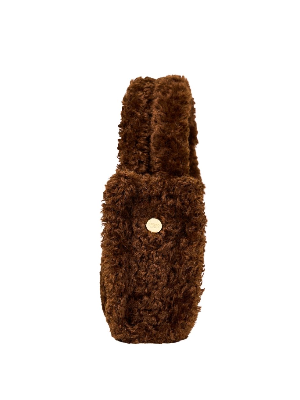 Mini Tote in Penny — front view of compact faux sherpa mini tote in warm penny brown shade with plush curly texture and sturdy handles.