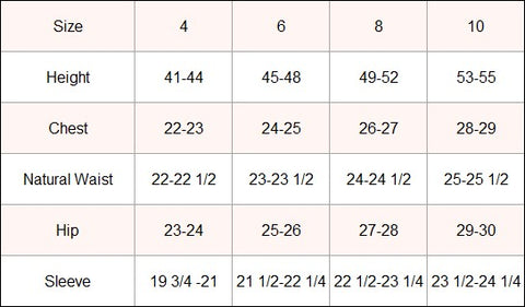 Freed kids outerwear sizing in inches